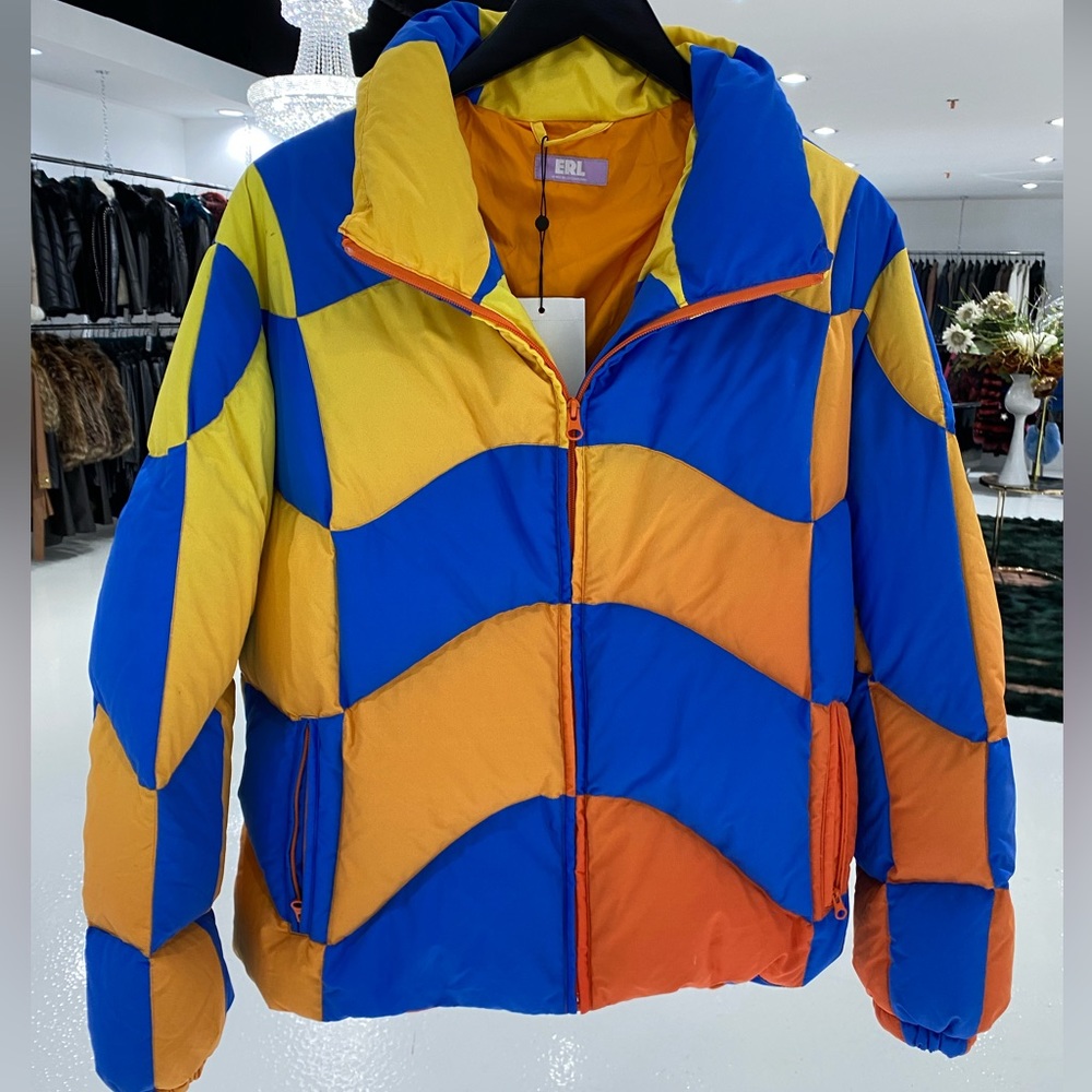 ERL Puffer Jacket Multicolored Blue/Yellow/Orange Checkered Gradient